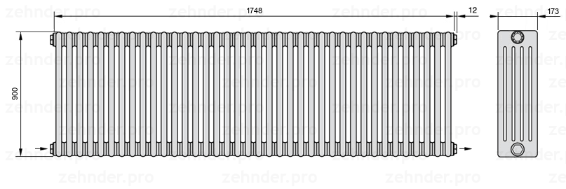 Схема (чертеж) Радиатор Zehnder Charleston 5090/38 №2670 Белый глянцевый RAL 9016